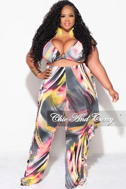 Final Sale Plus Size  3pc Poolside Playsuit (Bikini Top, High Waist Bottoms & Pants) Set in Pink, Grey, & Yellow Print