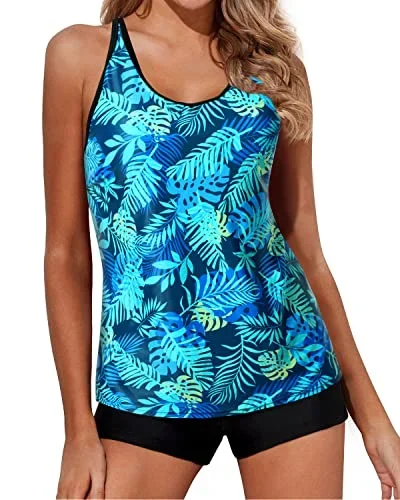 Adjustable Tankini Swimsuits For Women Mid-Waist Boy Short Bottoms-Blue Leaves