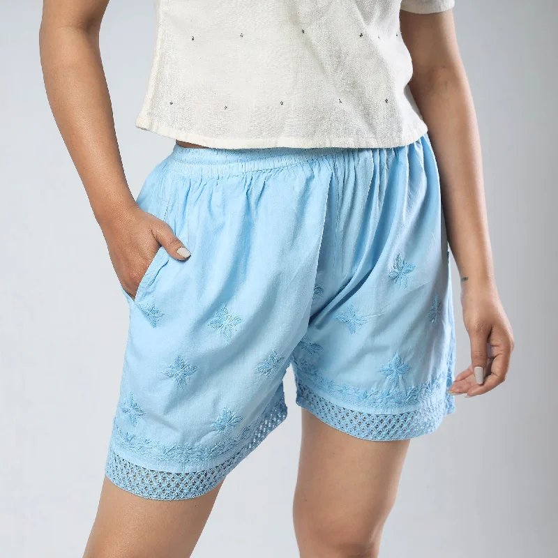 Blue - Chikankari Hand Embroidered Cotton Short