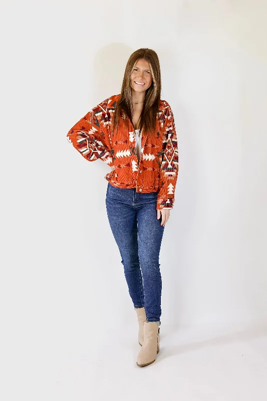 Signature Moves Aztec Print Jacket with Crystal Fringe in Rust Orange