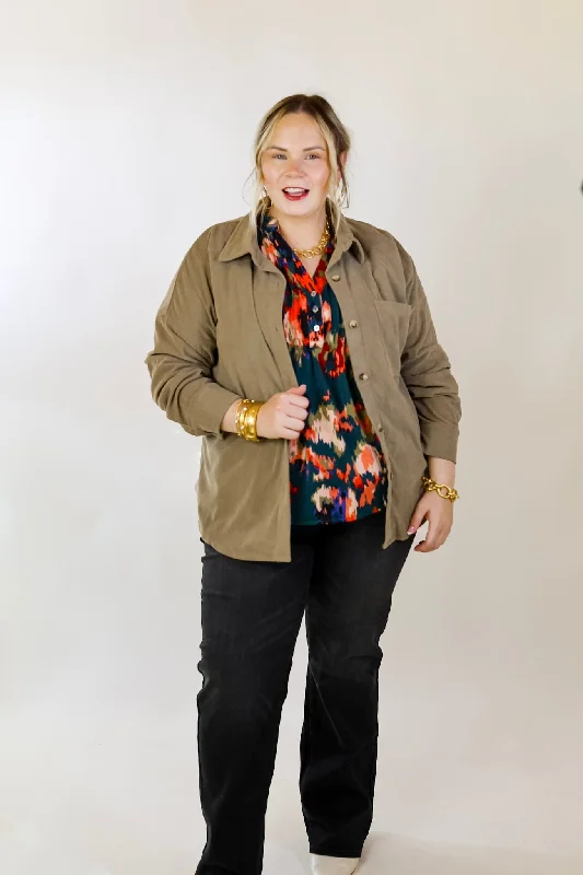 Captivating Cuteness Corduroy Button Up Shacket in Olive Green