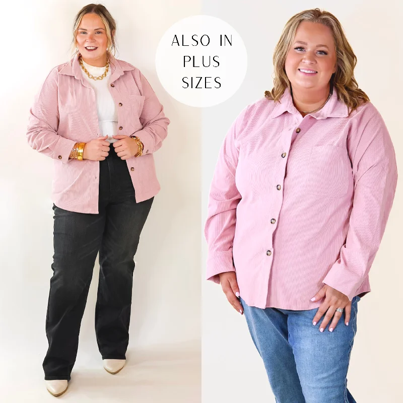 Captivating Cuteness Corduroy Button Up Shacket in Light Pink