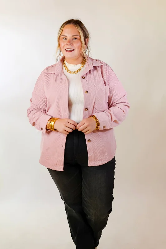 Captivating Cuteness Corduroy Button Up Shacket in Light Pink