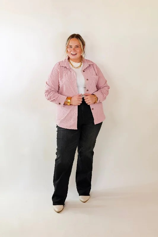 Captivating Cuteness Corduroy Button Up Shacket in Light Pink