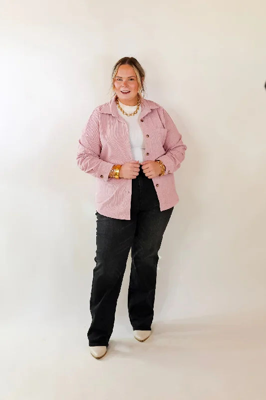 Captivating Cuteness Corduroy Button Up Shacket in Light Pink