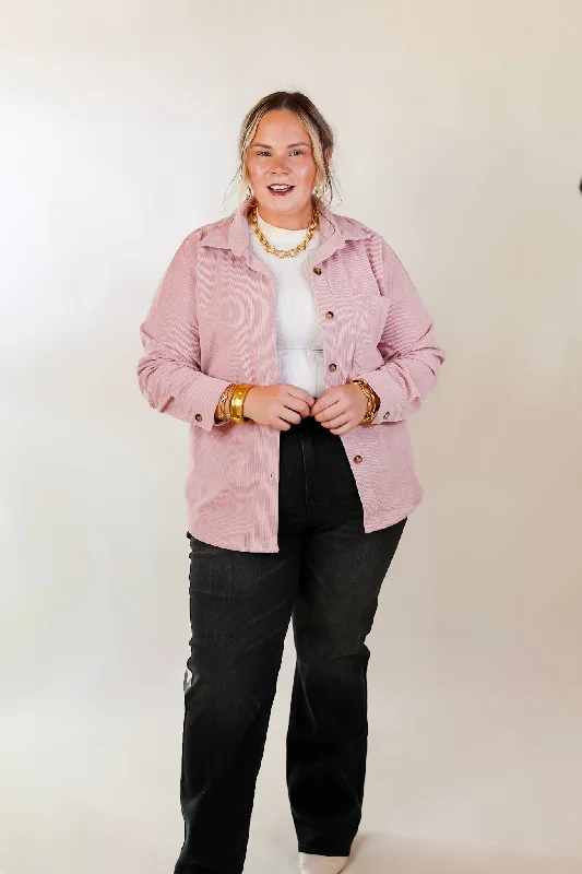 Captivating Cuteness Corduroy Button Up Shacket in Light Pink