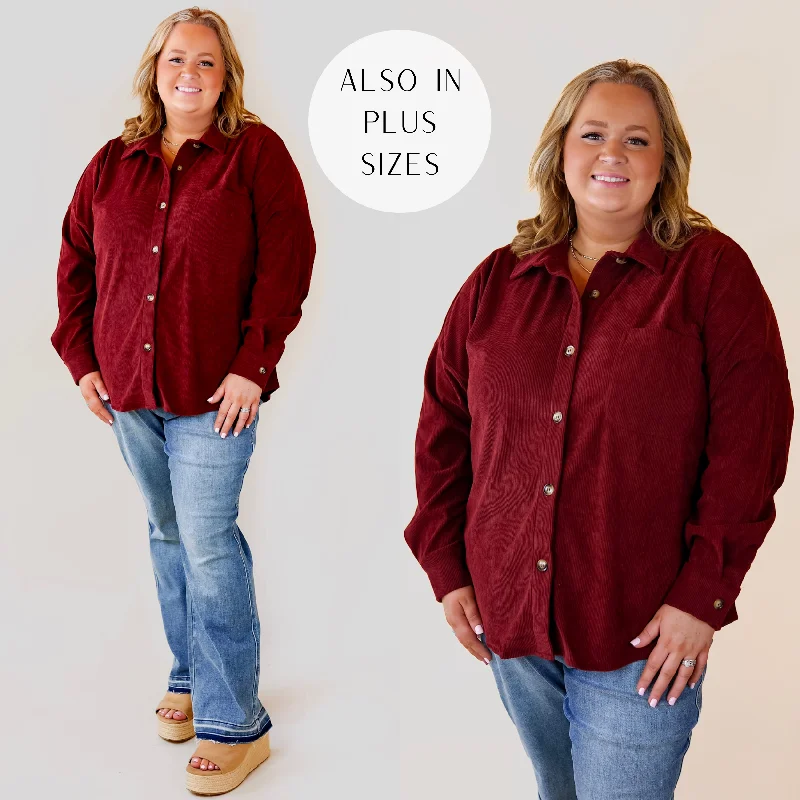 Captivating Cuteness Corduroy Button Up Shacket in Maroon