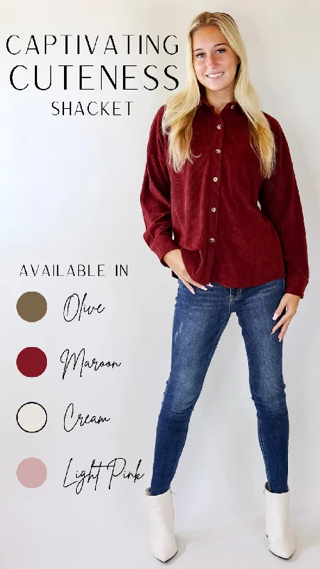 Captivating Cuteness Corduroy Button Up Shacket in Maroon