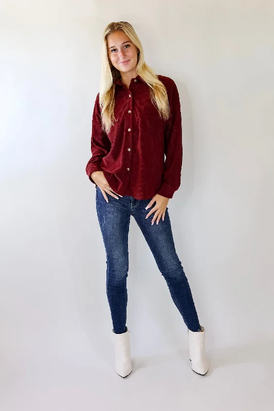 Captivating Cuteness Corduroy Button Up Shacket in Maroon