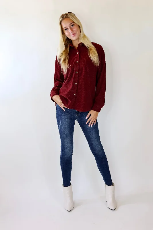 Captivating Cuteness Corduroy Button Up Shacket in Maroon