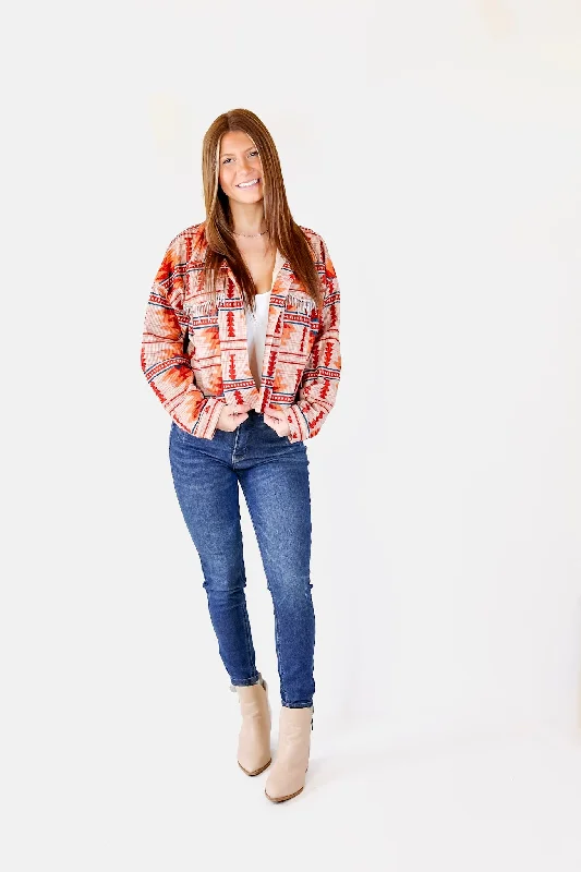 Chic Discovery Button Up Corduroy Aztec Print Jacket with Crystal Fringe in Orange Mix