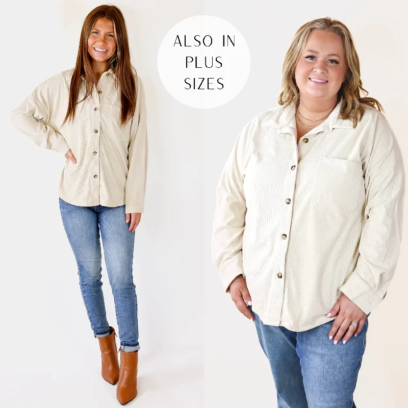 Captivating Cuteness Corduroy Button Up Shacket in Cream