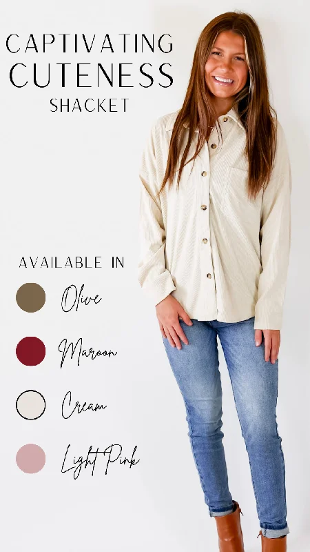 Captivating Cuteness Corduroy Button Up Shacket in Cream