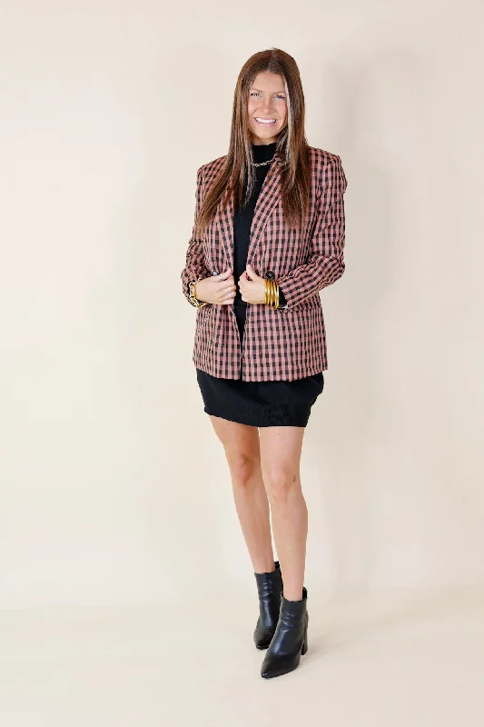 Coffee And Smiles Double Button Plaid Blazer with Long Sleeves in Terracotta