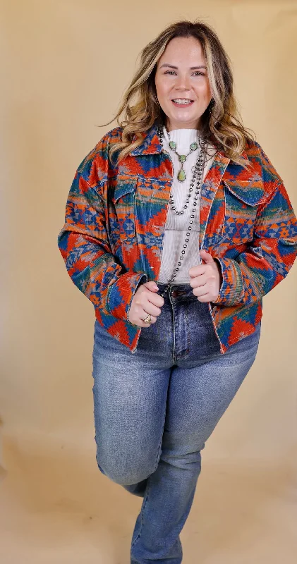 Edgy and Chic Button Up Corduroy Aztec Print Jacket in Red and Blue