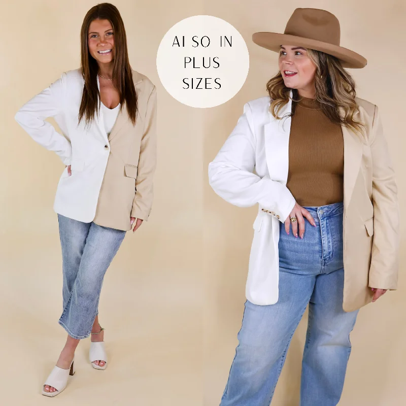 Expect First Class Long Sleeve Color Block Blazer in Beige and White