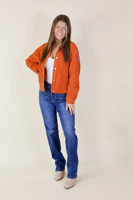 Signature Moves Button Up Corduroy Jacket with Crystal Fringe Back in Rust Orange