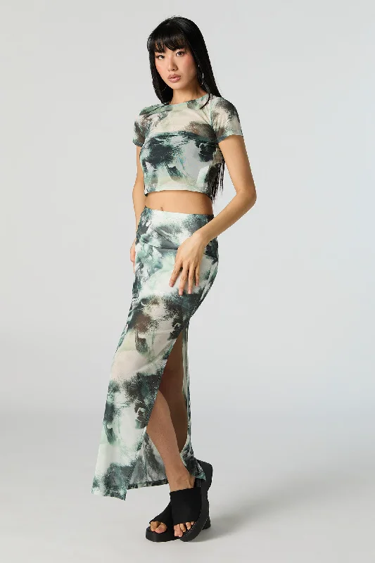 Green Abstract Mesh Slit Maxi Skirt