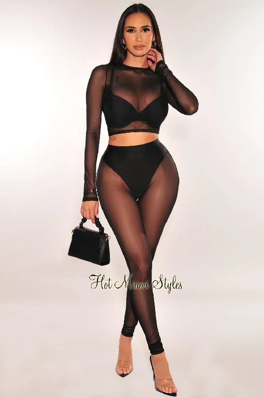 Black Mesh Sheer Long Sleeve High Waist Pants Two Piece Set