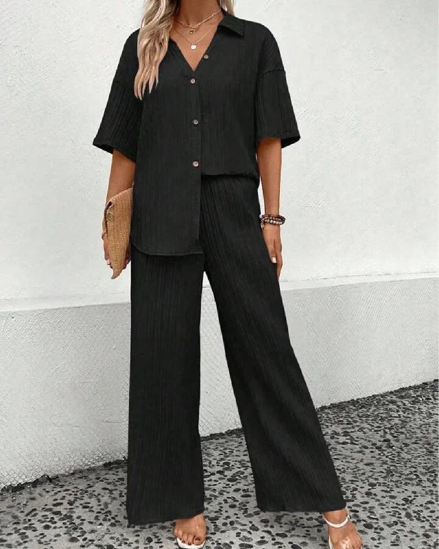 Drop Shoulder Shirt & Wide Leg Pants In Black