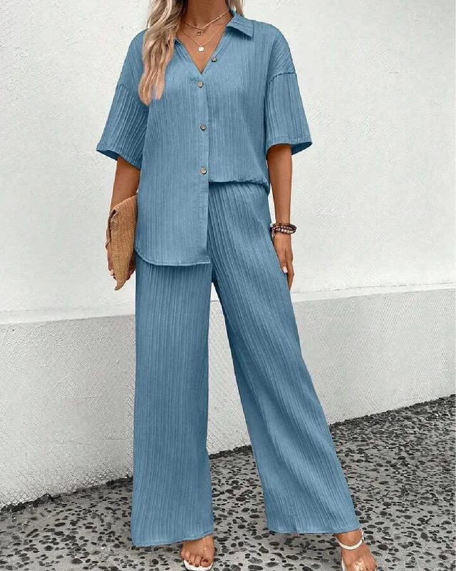 Drop Shoulder Shirt & Wide Leg Pants In Blue