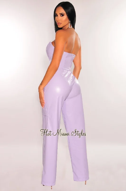 lilac-faux-leather-corset-top-wide-leg-flap-pocket-pants-two-piece-set