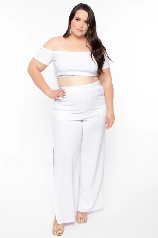 Plus Size  Andrea Crop Top And Flare Pants Set - White