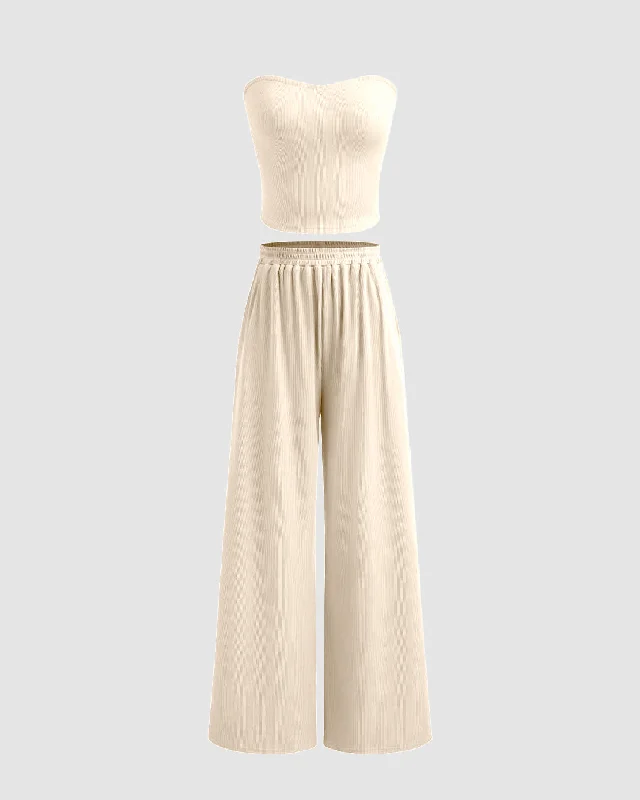 Ruched Tube Top and Wide Leg Trousers In Apricot