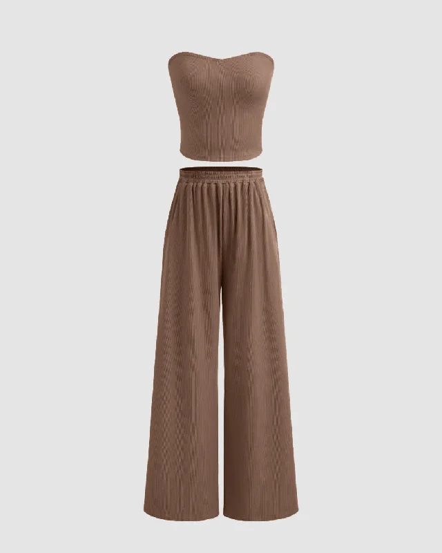 Ruched Tube Top and Wide Leg Trousers In Chocolate Brown