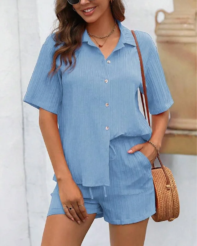 solid-button-front-shirt-and-pajama-short-set-in-blue