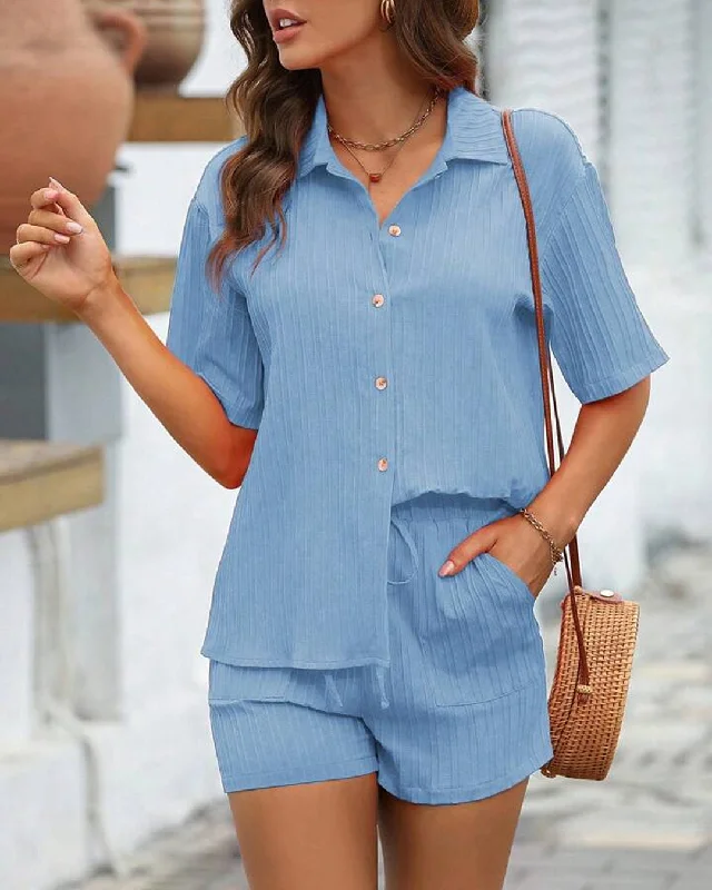 solid-button-front-shirt-and-pajama-short-set-in-blue