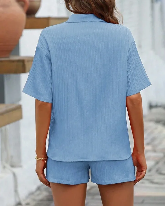 solid-button-front-shirt-and-pajama-short-set-in-blue