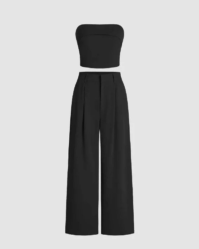 Two Piece Set Of Black Tube Top And Tailored High Waist Trousers