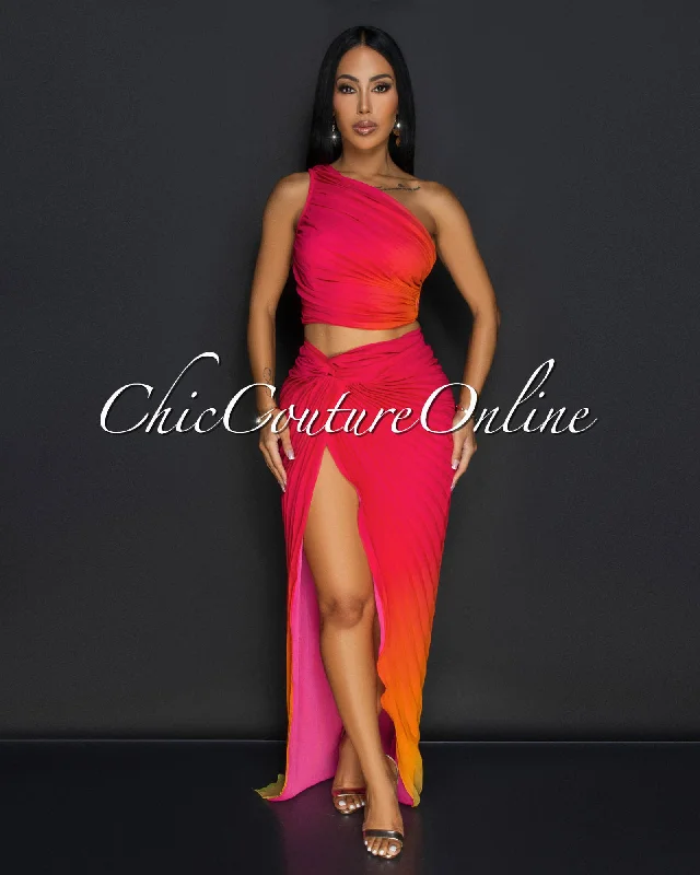 Vola Fuchsia Orange Pleated Top & Skirt Set