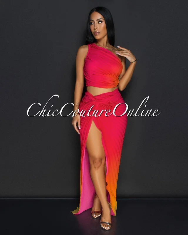 vola-fuchsia-orange-pleated-top-skirt-set