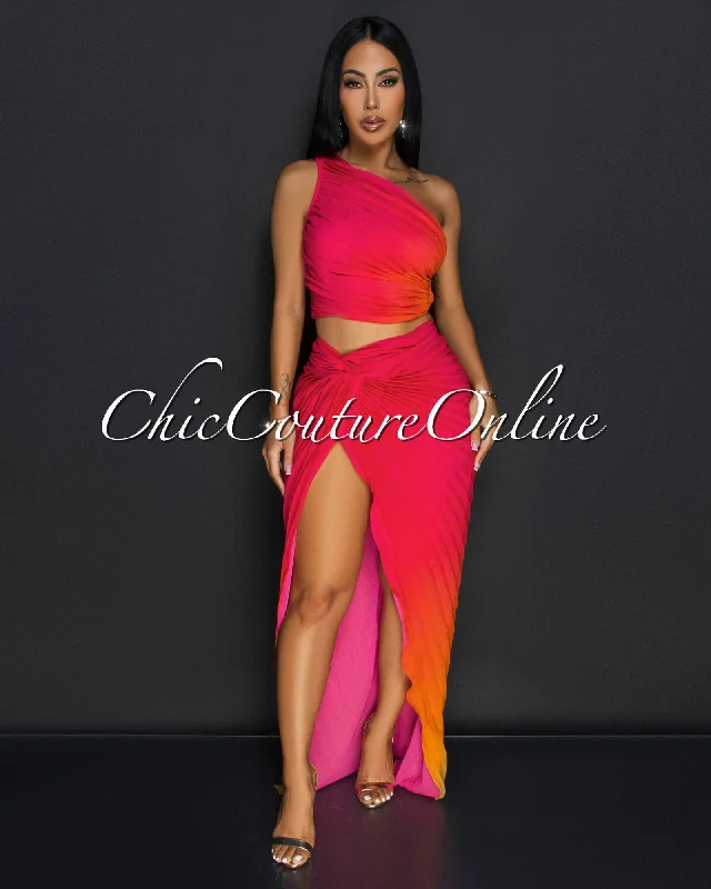 vola-fuchsia-orange-pleated-top-skirt-set