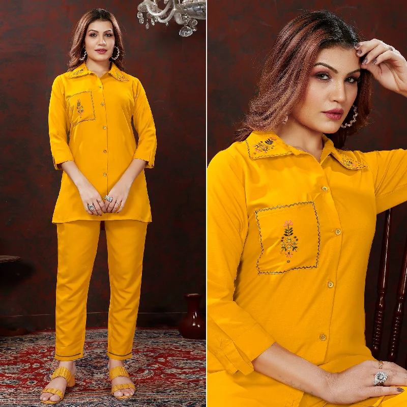 Yellow Embroidered Cotton Blend Co Ord Set