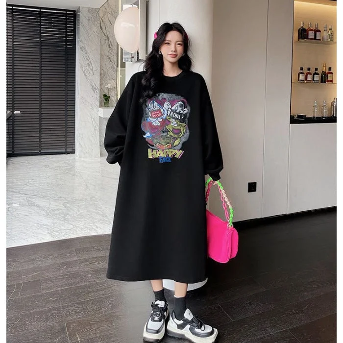 NiDELL Autumn and Winter Fleece-Lined Korean Style Loose plus Size Pocket Sweatshirt Long Dress Split round-Neck over-the-Knee Dress Women's Fashion