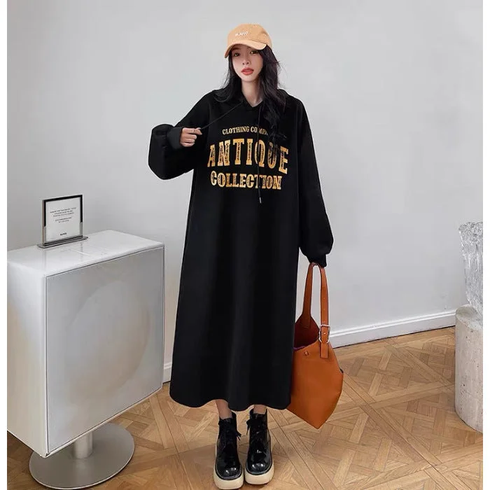 NiDELL Autumn and Winter Fleece-Lined Korean Style New Simple Western Style Split Printed Casual Dress Hooded Sweater Dress Women's Fashion