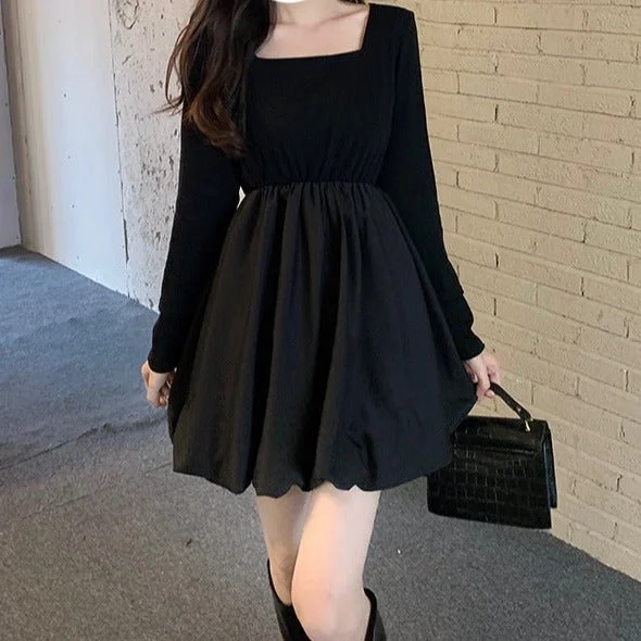 NiDELL . Autumn and Winter Hepburn Style Solid Color Square Collar Black Dress Small Tea Break Platycodon Grandiflorum French First Love Tulle Tutu Dress