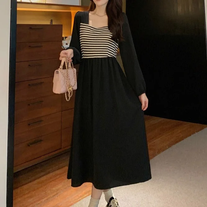 NiDELL . Autumn New Korean Style Temperament Square Collar Striped Stitching Fake Two-Piece Waist Dress Slim-Fit Figure Flattering Long Dress