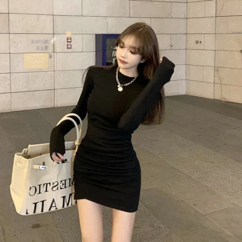 NiDELL Black Slim-Fit Sexy Dress Women's Clothing . Autumn and Winter New Korean Style Tight Waist Slimming and Fashionable Bottoming Hip Skirt