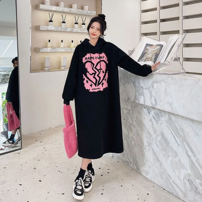 NiDELL Casual Hooded J Fleece Pullover Dress Covering Belly Thin Autumn and Winter Korean Style Lazy Style Loose Inner Wear Fashionable Dress