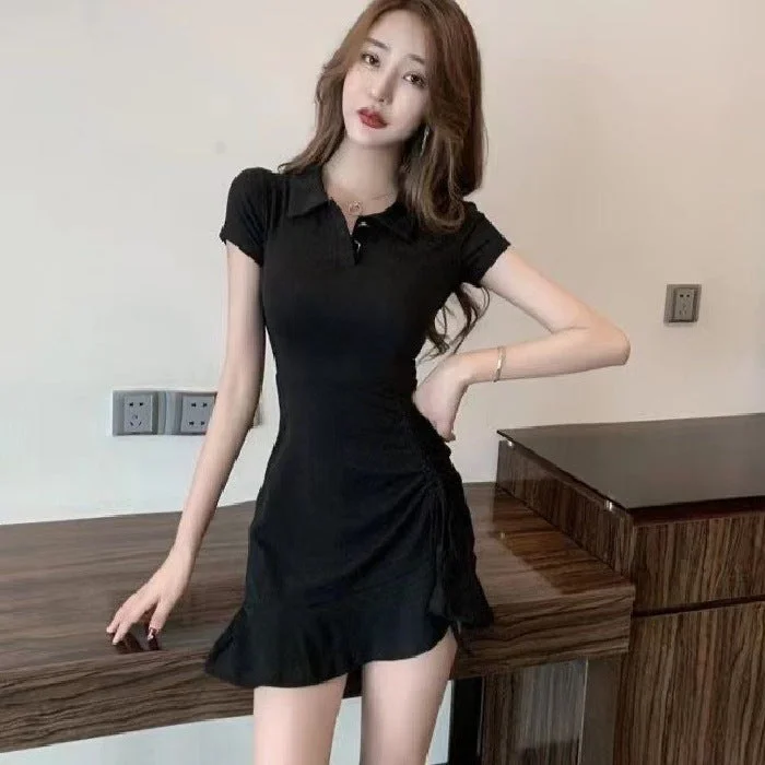 NiDELL Chic Design Polo Collar Dress Summer Pure Desire Style Waist-Tight Sexy Drawstring Short Sleeve Irregular Hip-Wrapped Dress