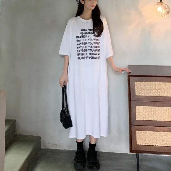 NiDELL Cotton Idle Style Letter Printed T-shirt Large Size Plump Girls Slimming Mid-Length over-the-Knee Dress Long Skirt