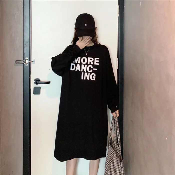 NiDELL Early Spring Fall Mid-Length Long Sleeve below the Knee Women's T-shirt Skirt Korean Leisure Simple Aunt Dress All-Matching Long Dress