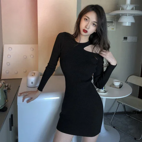 NiDELL French New Hepburn Style Irregular off-Shoulder Knitted Dress . Early Autumn High Waist Sexy Inner Hip Skirt