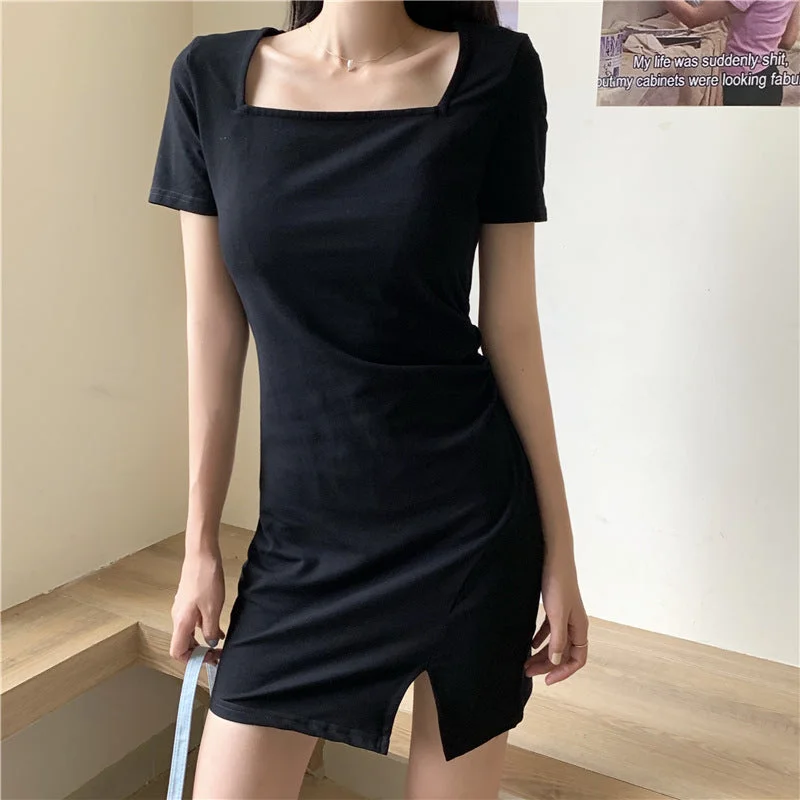 NiDELL French Retro Fashion Sexy Slit Black Dress . Summer New Hong Kong Style Square Collar Short Sleeve Dress