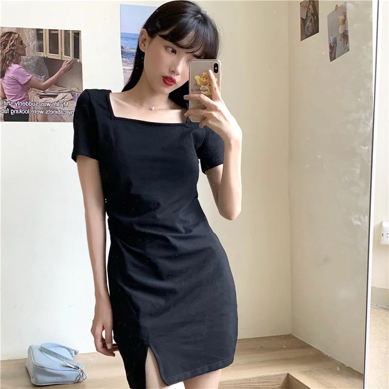 NiDELL French Retro Fashion Sexy Slit Black Dress . Summer New Hong Kong Style Square Collar Short Sleeve Dress