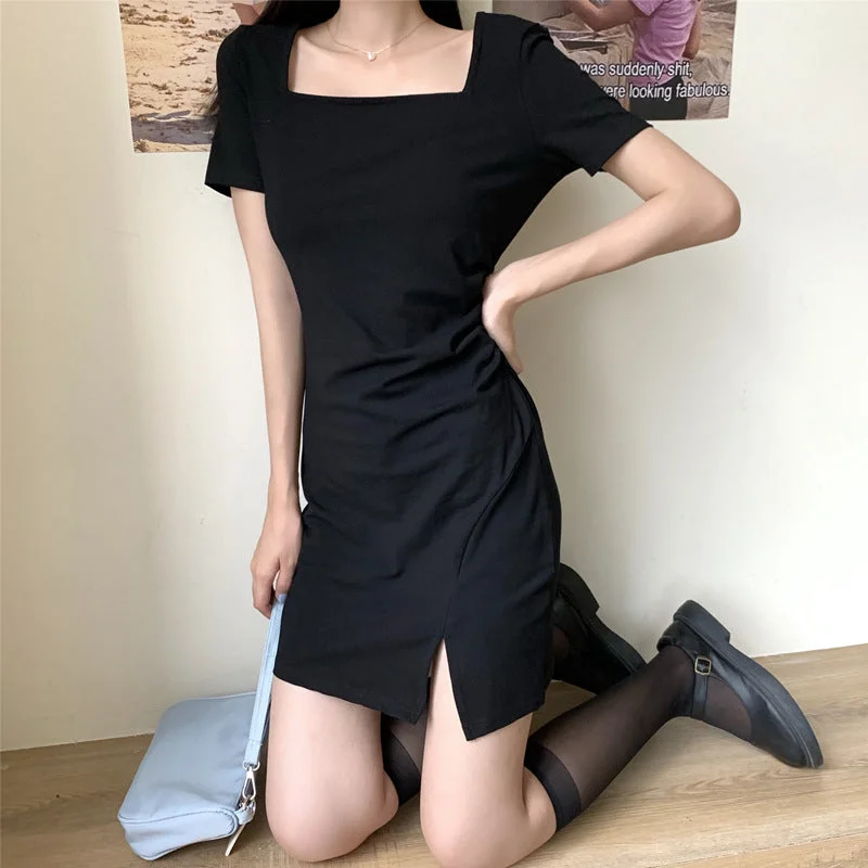 NiDELL French Retro Fashion Sexy Slit Black Dress . Summer New Hong Kong Style Square Collar Short Sleeve Dress